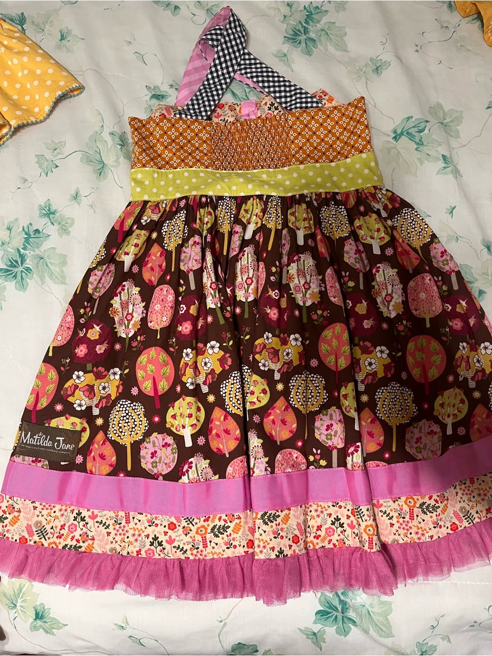 Matilda Jane Brown Dress with Pink, Green & Orange Accents
